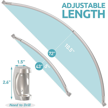 Bonpally Curved Shower Curtain Rod 43 to 72 Inches Adjustable, Aluminum Shower Rod Rustproof, Round Shower Curtain Rod, Curved Shower Rods for Bathroom, Bathtub, Stall, Brush Nickel, Need to Drill.