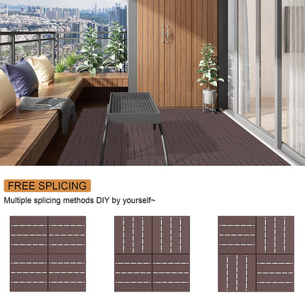 Goovilla Plastic Interlocking Deck Tiles, 9 Pack Patio Deck Tiles, 12"x12" Waterproof Outdoor Flooring All Weather Use, Patio Floor Decking Tiles for Porch Poolside Balcony Backyard, Dark Brown.