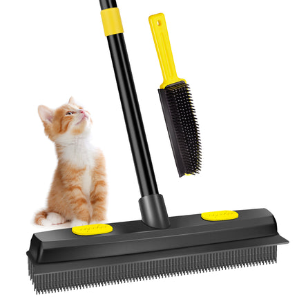 Yeabett Rubber Pet Broom with Squeegee, Pet Hair Remover 56 inches Long Handle, Portable Detailing Lint Brush Fur Removal for Fluff Carpet, Window, Tile, Floor Cleaning,