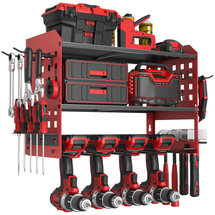 SPACECARE Power Tool Organizer, Drill Holder Wall Mount with 2 Side Pegboards with Hooks, 3 Layer Garage Organization Heavy Duty Tool Organizers Utility Rack for 4Drill Holders Red