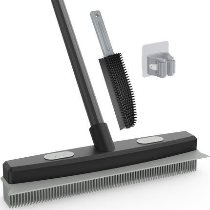 Yeabett Rubber Pet Broom with Squeegee, Pet Hair Remover 56 inches Long Handle, Portable Detailing Lint Brush Fur Removal for Fluff Carpet, Window, Tile, Floor Cleaning,