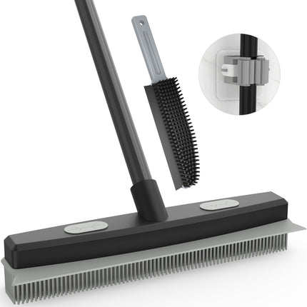 Yeabett Rubber Pet Broom with Squeegee, Pet Hair Remover 56 inches Long Handle, Portable Detailing Lint Brush Fur Removal for Fluff Carpet, Window, Tile, Floor Cleaning,
