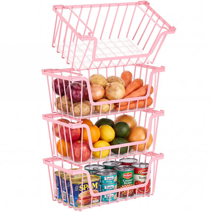 SUNALLY Stackable Metal Wire Baskets for Pantry Organizer, 4/6-Pack Kitchen Countertop Storage Potato Onion Vegetable Fruit Basket, Freezer Organizer Bins with Handle