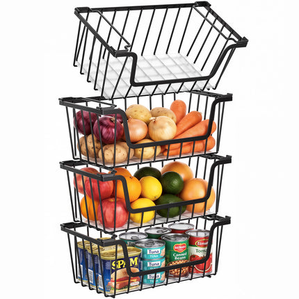 SUNALLY Stackable Metal Wire Baskets for Pantry Organizer, 4/6-Pack Kitchen Countertop Storage Potato Onion Vegetable Fruit Basket, Freezer Organizer Bins with Handle
