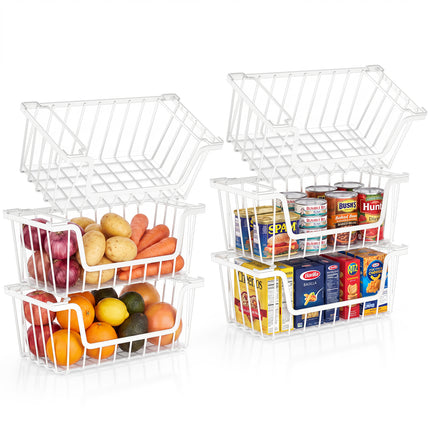 SUNALLY Stackable Metal Wire Baskets for Pantry Organizer, 4/6-Pack Kitchen Countertop Storage Potato Onion Vegetable Fruit Basket, Freezer Organizer Bins with Handle