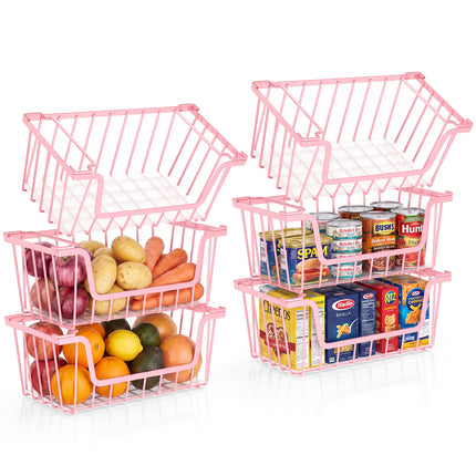 SUNALLY Stackable Metal Wire Baskets for Pantry Organizer, 4/6-Pack Kitchen Countertop Storage Potato Onion Vegetable Fruit Basket, Freezer Organizer Bins with Handle