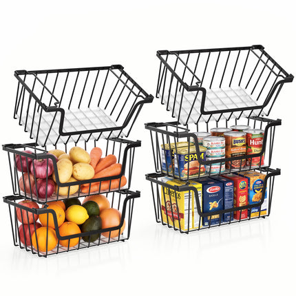 SUNALLY Stackable Metal Wire Baskets for Pantry Organizer, 4/6-Pack Kitchen Countertop Storage Potato Onion Vegetable Fruit Basket, Freezer Organizer Bins with Handle