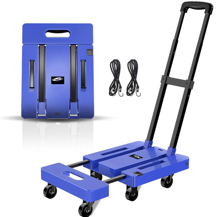 Yeabett Folding Hand Truck, 500 LB Capacity Luggage Cart, Portable Folding Dolly with 6 Wheels and 2 Elastic Ropes for Luggage, Personal, Travel, Auto, Moving and Office Use, Blue