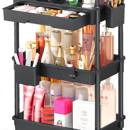 Makeup Cart Organizer with  Drawers, Floor Skincare Organizers Vanity Storage Organizer, Rolling Makeup Bathroom Storage Cart Cosmetics Display Cases for Skin Care Perfume Nail Polish, Black