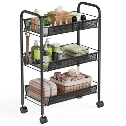 Yeabett 3-Tier Slim Metal Rolling Storage Cart,Mobile Shelving Organizer Utility with Wheels & 4 Side Hooks, Unit Slide Out Mesh Storage Cart for Kitchen Bathroom Pantry