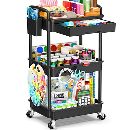 Yeabett 3 Tier Rolling Storage Carts with Removable Drawers, Lockable Wheels, Hooks & Cup Holders – Easy Assembly Storage Organizer for Kitchen, Bathroom, Office, Craft Room, Makeup, Black