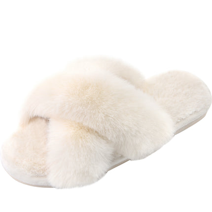 Parlovable Women's Fuzzy Slippers Cross Band Open Toe Furry Spa Flat Fluffy Fuzzy Slip on House Shoes