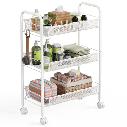 Yeabett 3-Tier Slim Metal Rolling Storage Cart,Mobile Shelving Organizer Utility with Wheels & 4 Side Hooks, Unit Slide Out Mesh Storage Cart for Kitchen Bathroom Pantry
