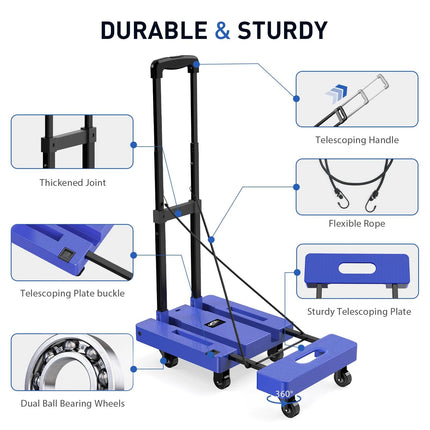 Yeabett Folding Hand Truck, 500 LB Capacity Luggage Cart, Portable Folding Dolly with 6 Wheels and 2 Elastic Ropes for Luggage, Personal, Travel, Auto, Moving and Office Use, Blue