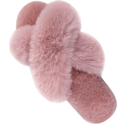 Parlovable Women's Fuzzy Slippers Cross Band Open Toe Furry Spa Flat Fluffy Fuzzy Slip on House Shoes