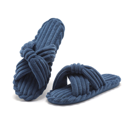 Parlovable Womens Slippers House Memory Foam Corduroy Flats Bow Crossbands Open Toe Slide Bedroom Slipper Comfy Trendy Gift Shoes