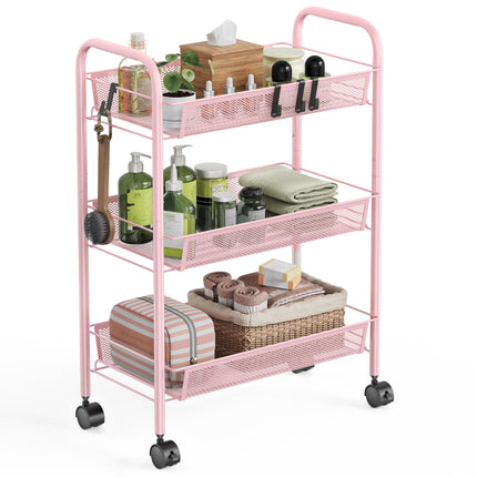 Yeabett 3-Tier Slim Metal Rolling Storage Cart,Mobile Shelving Organizer Utility with Wheels & 4 Side Hooks, Unit Slide Out Mesh Storage Cart for Kitchen Bathroom Pantry