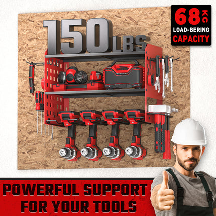 SPACECARE Power Tool Organizer, Drill Holder Wall Mount with 2 Side Pegboards with Hooks, 3 Layer Garage Organization Heavy Duty Tool Organizers Utility Rack for 4Drill Holders Red