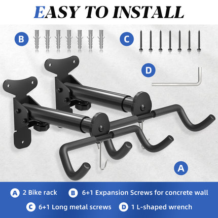 Yeabett Garage Bike Rack Wall Mount Hanger Adjustable Space Saving Horizontal Bicycle Rack for Mountain/Road/Hybrid Bikes | Secure Home Storage