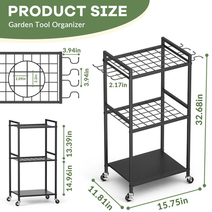 Garden Tool Organizer Rack with Hooks and wheels, Holds Up to 35 Long-Handled Tools, Rakes and Brooms, Metal Steel Stand for Shed or Outdoor Storage Backyard