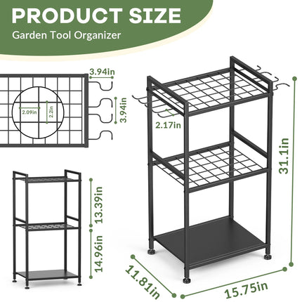 Garden Tool Organizer Rack with Hooks and wheels, Holds Up to 35 Long-Handled Tools, Rakes and Brooms, Metal Steel Stand for Shed or Outdoor Storage Backyard