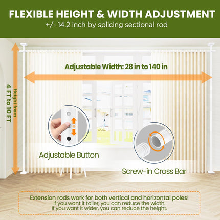 Yeabett Room Divider Curtain Rod, No Drilling 4-10ft(H) 28-140inch(W) Adjustable Privacy Wall Divider for Room Separation, Heavy Duty Temporary Partition Space Separator Tension Rods, White
