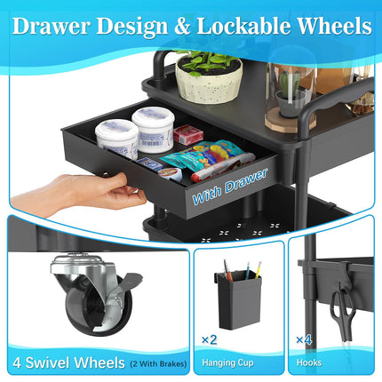 Yeabett 3 Tier Rolling Storage Carts with Removable Drawers, Lockable Wheels, Hooks & Cup Holders – Easy Assembly Storage Organizer for Kitchen, Bathroom, Office, Craft Room, Makeup, Black