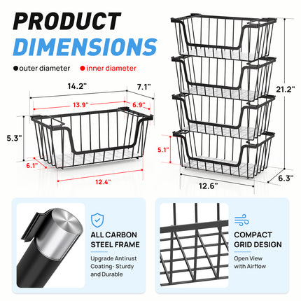 SUNALLY Stackable Metal Wire Baskets for Pantry Organizer, 4/6-Pack Kitchen Countertop Storage Potato Onion Vegetable Fruit Basket, Freezer Organizer Bins with Handle