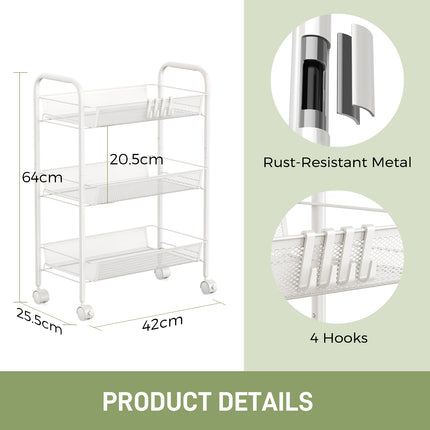 Yeabett 3-Tier Slim Metal Rolling Storage Cart,Mobile Shelving Organizer Utility with Wheels & 4 Side Hooks, Unit Slide Out Mesh Storage Cart for Kitchen Bathroom Pantry