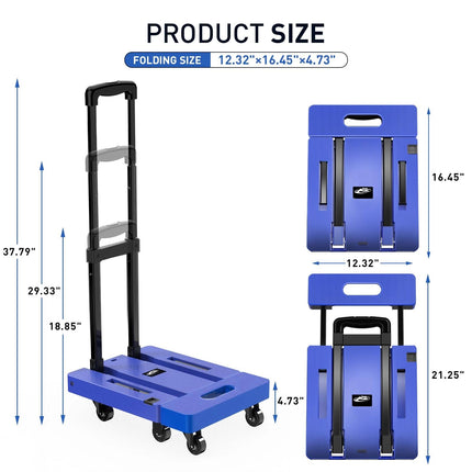 Yeabett Folding Hand Truck, 500 LB Capacity Luggage Cart, Portable Folding Dolly with 6 Wheels and 2 Elastic Ropes for Luggage, Personal, Travel, Auto, Moving and Office Use, Blue