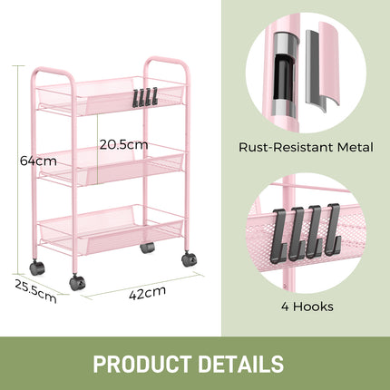 Yeabett 3-Tier Slim Metal Rolling Storage Cart,Mobile Shelving Organizer Utility with Wheels & 4 Side Hooks, Unit Slide Out Mesh Storage Cart for Kitchen Bathroom Pantry