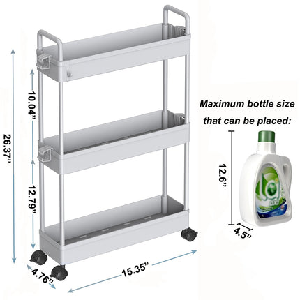 Yeabett Slim Rolling Storage Cart with Wheels 3 Tier Skinny Bathroom Storage Organizer Thin Laundry Room Utility Cart Space-Saving for Bedside Kitchen Office Small Narrow Places, Gray