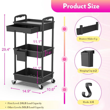 Makeup Cart Organizer with  Drawers, Floor Skincare Organizers Vanity Storage Organizer, Rolling Makeup Bathroom Storage Cart Cosmetics Display Cases for Skin Care Perfume Nail Polish, Black