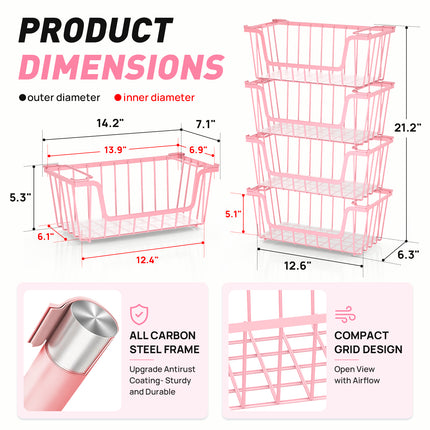 SUNALLY Stackable Metal Wire Baskets for Pantry Organizer, 4/6-Pack Kitchen Countertop Storage Potato Onion Vegetable Fruit Basket, Freezer Organizer Bins with Handle
