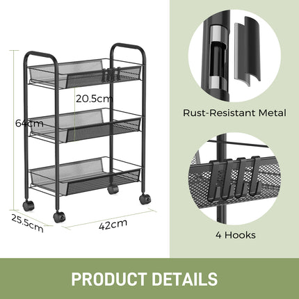 Yeabett 3-Tier Slim Metal Rolling Storage Cart,Mobile Shelving Organizer Utility with Wheels & 4 Side Hooks, Unit Slide Out Mesh Storage Cart for Kitchen Bathroom Pantry