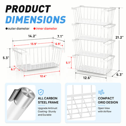 SUNALLY Stackable Metal Wire Baskets for Pantry Organizer, 4/6-Pack Kitchen Countertop Storage Potato Onion Vegetable Fruit Basket, Freezer Organizer Bins with Handle