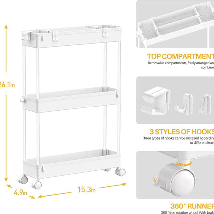 Yeabett Slim Storage Cart 3 Tier,Bathroom Organizer Rolling Utility,Mobile Shelving Unit Slide Out for Office, Kitchen, Laundry Room & Narrow Places,Black