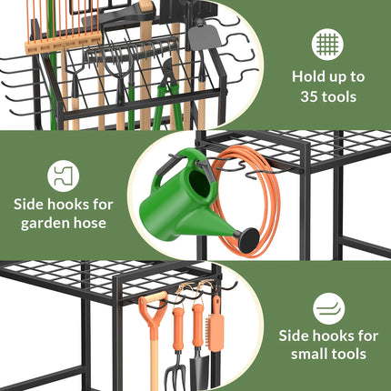 Garden Tool Organizer Rack with Hooks and wheels, Holds Up to 35 Long-Handled Tools, Rakes and Brooms, Metal Steel Stand for Shed or Outdoor Storage Backyard