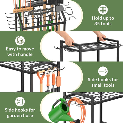 Garden Tool Organizer Rack with Hooks and wheels, Holds Up to 35 Long-Handled Tools, Rakes and Brooms, Metal Steel Stand for Shed or Outdoor Storage Backyard