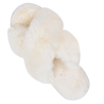 Parlovable Women's Fuzzy Slippers Cross Band Open Toe Furry Spa Flat Fluffy Fuzzy Slip on House Shoes