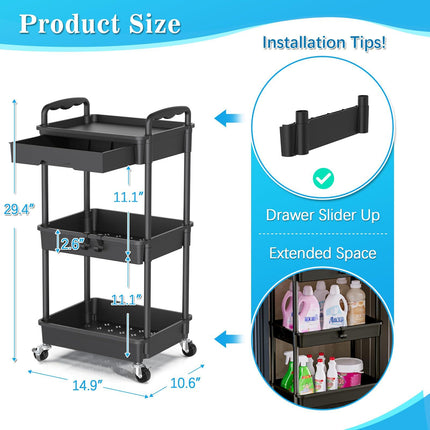 Yeabett 3 Tier Rolling Storage Carts with Removable Drawers, Lockable Wheels, Hooks & Cup Holders – Easy Assembly Storage Organizer for Kitchen, Bathroom, Office, Craft Room, Makeup, Black
