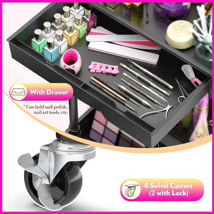 Makeup Cart Organizer with  Drawers, Floor Skincare Organizers Vanity Storage Organizer, Rolling Makeup Bathroom Storage Cart Cosmetics Display Cases for Skin Care Perfume Nail Polish, Black