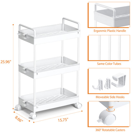 Ronlap 3 Tier Slim Rolling Storage Cart with Wheels Plastic Utility Cart Organizer for Snack Craft Art Postpartum Baby Diaper Nail Makeup in Bathroom Laundry Room Kitchen Bedside Narrow Space, White