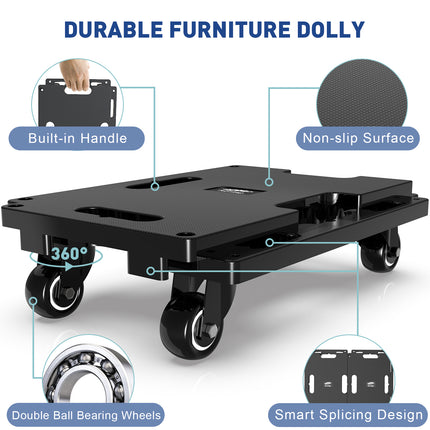 Yeabett  Furniture Dolly for Moving, Furniture Moving Dolly 4 Wheels Heavy Duty  Small Flat Dolly Cart with Wheels Furniture Movers Dolly Interlocking Dollies for Moving, 440 Lbs Capacity, 2 Pack, Black