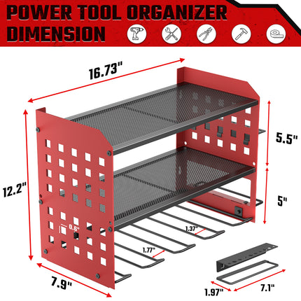 SPACECARE Power Tool Organizer, Drill Holder Wall Mount with 2 Side Pegboards with Hooks, 3 Layer Garage Organization Heavy Duty Tool Organizers Utility Rack for 4Drill Holders Red