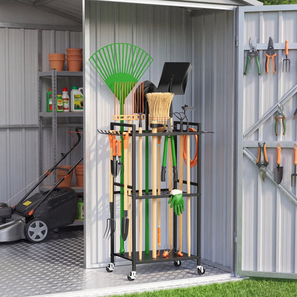 Garden Tool Organizer Rack with Hooks and wheels, Holds Up to 35 Long-Handled Tools, Rakes and Brooms, Metal Steel Stand for Shed or Outdoor Storage Backyard