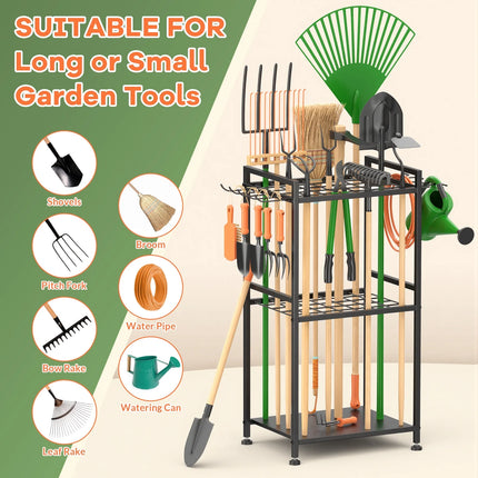 Garden Tool Organizer Rack with Hooks and wheels, Holds Up to 35 Long-Handled Tools, Rakes and Brooms, Metal Steel Stand for Shed or Outdoor Storage Backyard