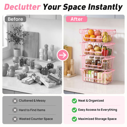 SUNALLY Stackable Metal Wire Baskets for Pantry Organizer, 4/6-Pack Kitchen Countertop Storage Potato Onion Vegetable Fruit Basket, Freezer Organizer Bins with Handle