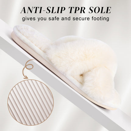 Parlovable Women's Fuzzy Slippers Cross Band Open Toe Furry Spa Flat Fluffy Fuzzy Slip on House Shoes