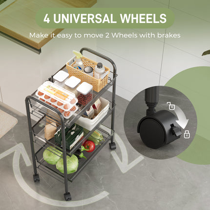 Yeabett 3-Tier Slim Metal Rolling Storage Cart,Mobile Shelving Organizer Utility with Wheels & 4 Side Hooks, Unit Slide Out Mesh Storage Cart for Kitchen Bathroom Pantry